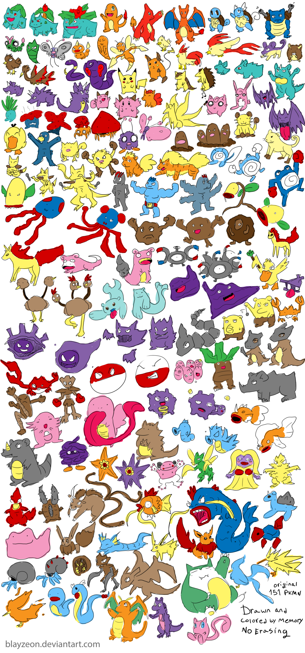 The Original 151 Pokemon, Drawn From Memory, Without Erasing