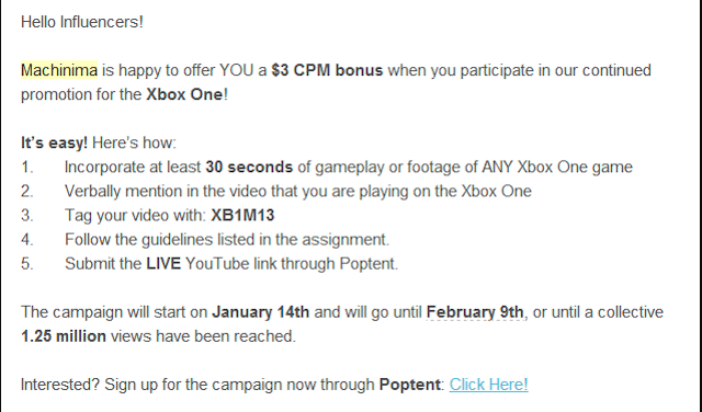 Sketchy Promo Plan Pays YouTubers For Positive Xbox One Coverage