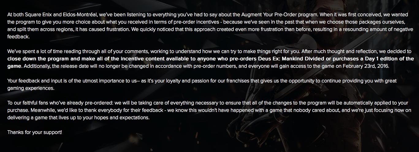 Square Enix Cancels Horrible Deus Ex Pre-Order Program