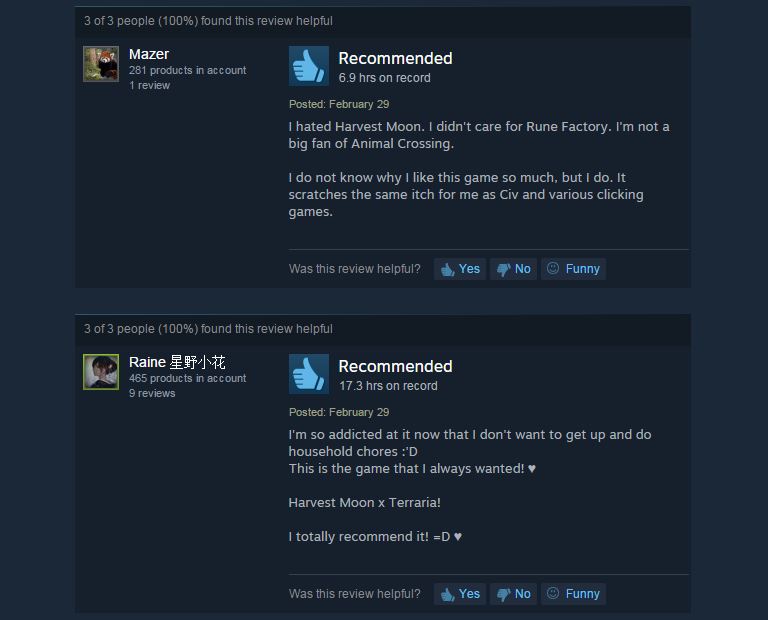 Stardew Valley, As Told By Steam Reviews