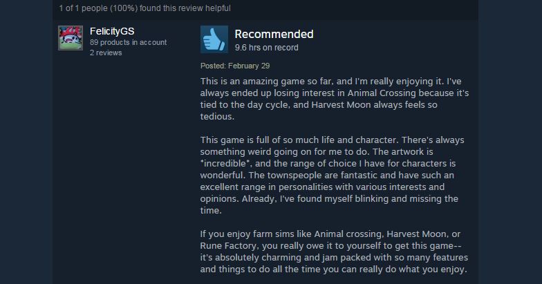 Stardew Valley, As Told By Steam Reviews