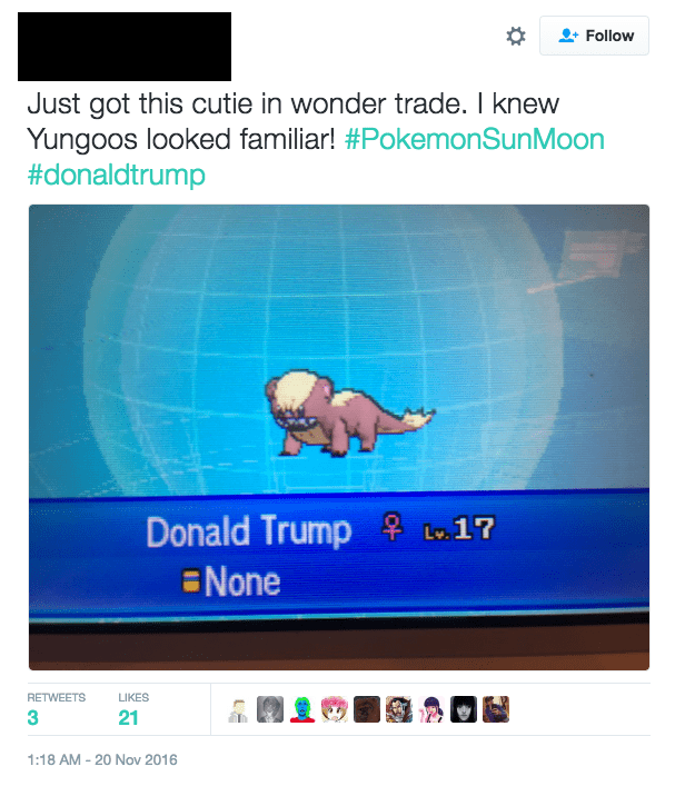 Pokemon Sun And Moon’s Wonder Trade Is Full Of Monsters Named Donald Trump