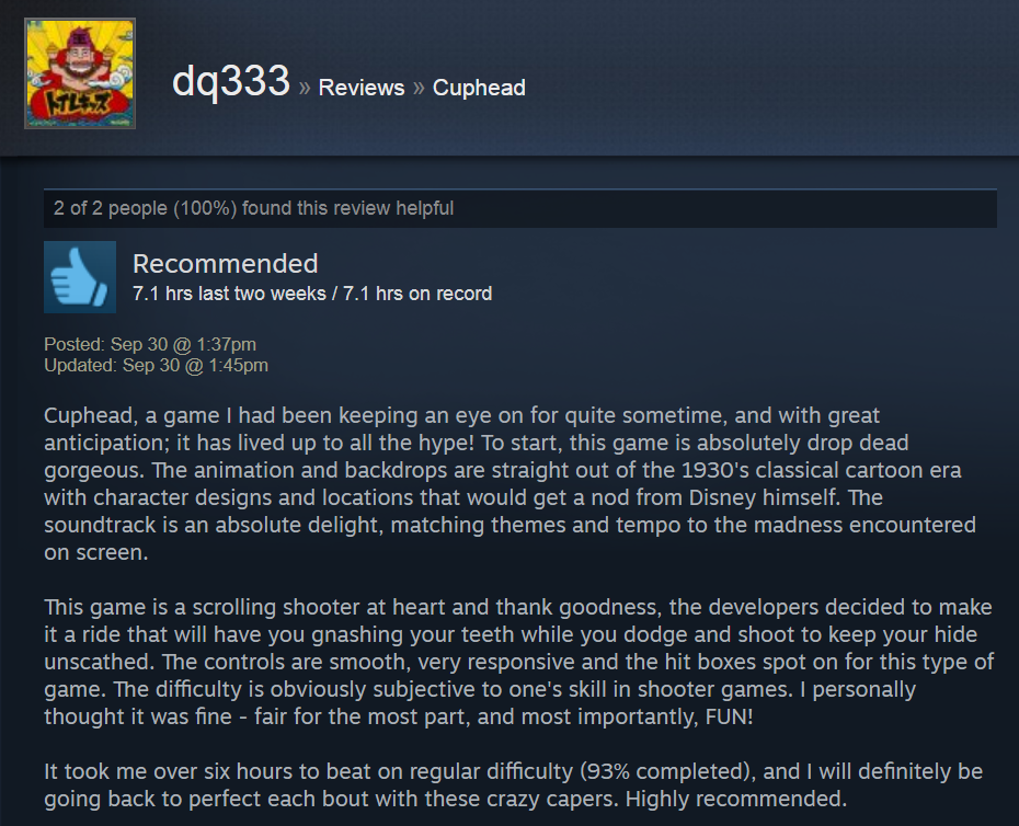 Cuphead, As Told By Steam Reviews