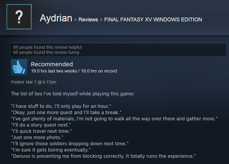 Final Fantasy 15, As Told By Steam Reviews