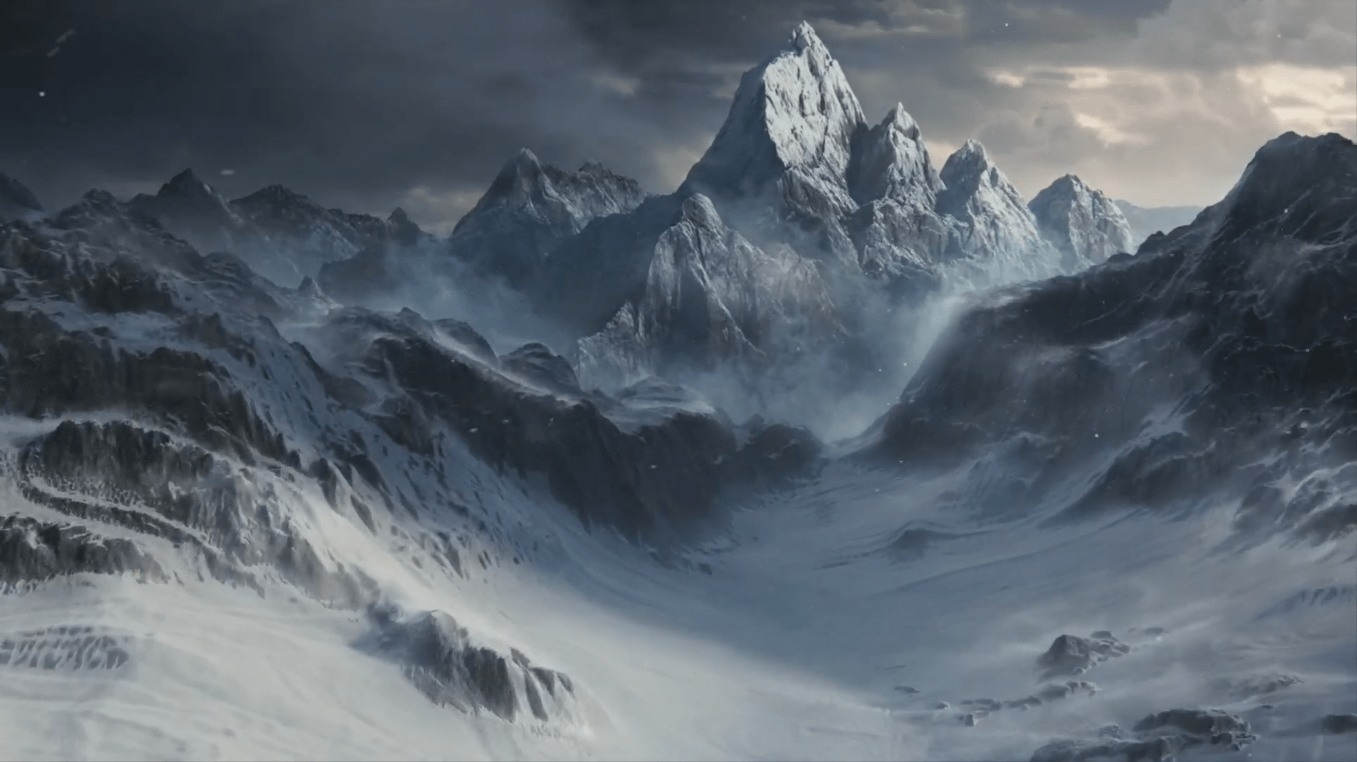 Snowy mountain peaks as seen in the PS5 trailer. (Screenshot: Sony, Kotaku)