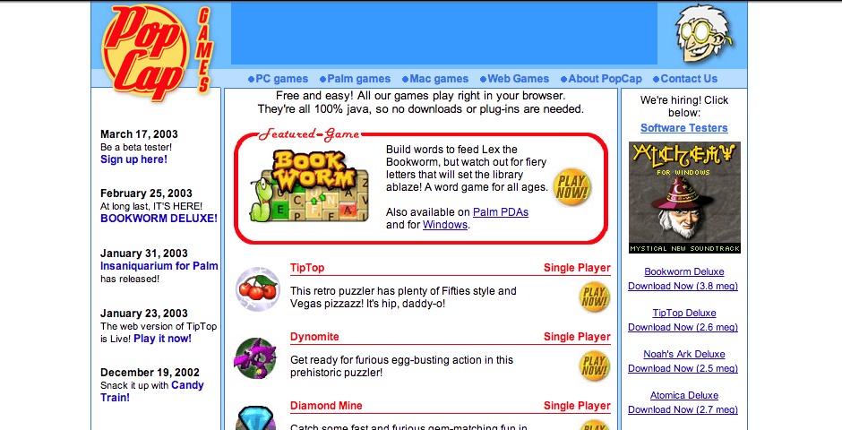 PopCap's website circa 2003. (Screenshot: Provided by the author)