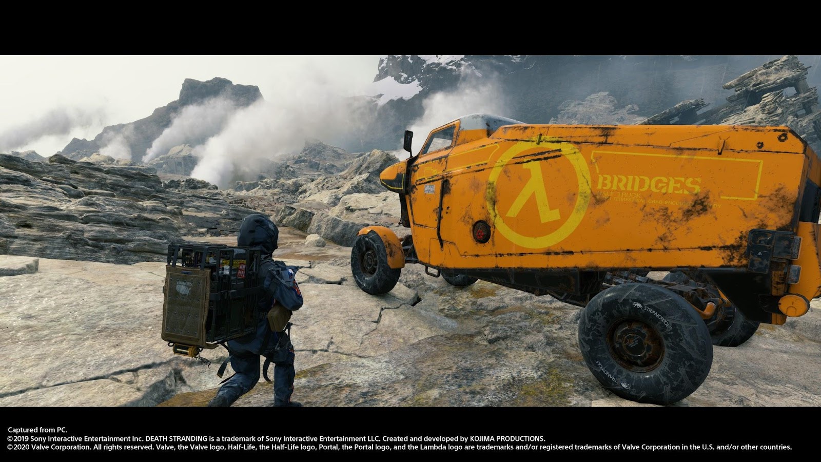 Can you spot the Half-Life logo? It's right there. On the truck. See it? OK, do you see Bridges? Look left. (Screenshot: Kojima Productions)