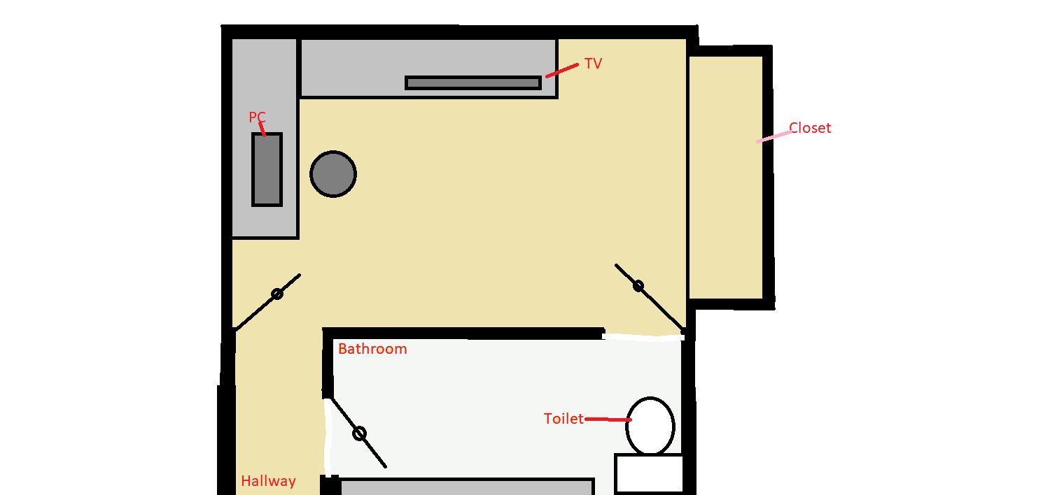 A top-down view of my office made in MS Paint. The grey circle is my office chair. I forgot to label it. I'm sorry.  (Illustration: Zack Zwiezen)