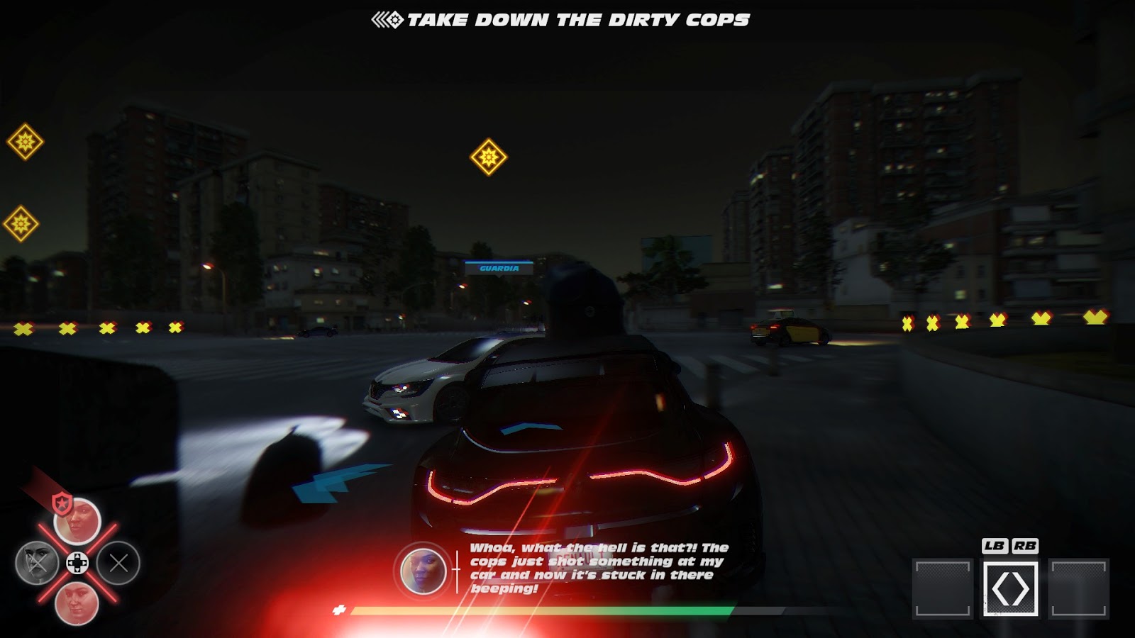 The cops are dirty because they are trying to stop us from stealing cars.  (Screenshot: Bandai Namco)