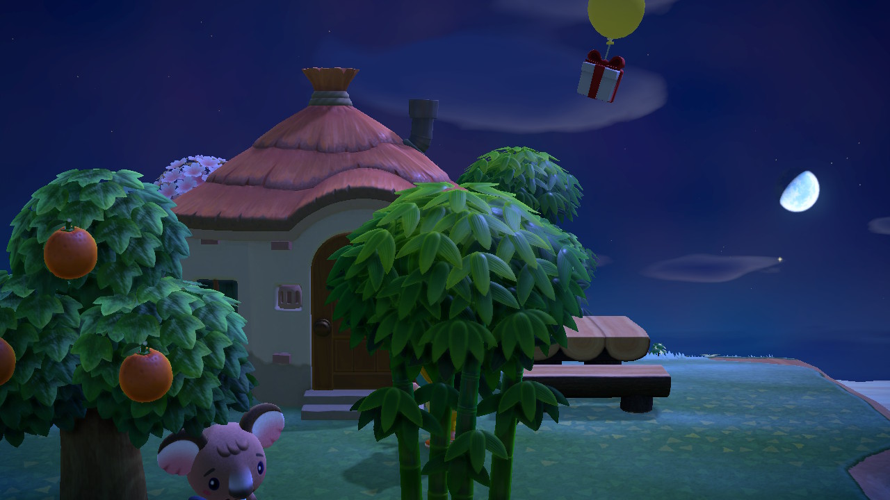 A balloon with a gift attached drifts over a house in Animal Crossing: New Horizons. (Screenshot: Nintendo/Jay Castello)
