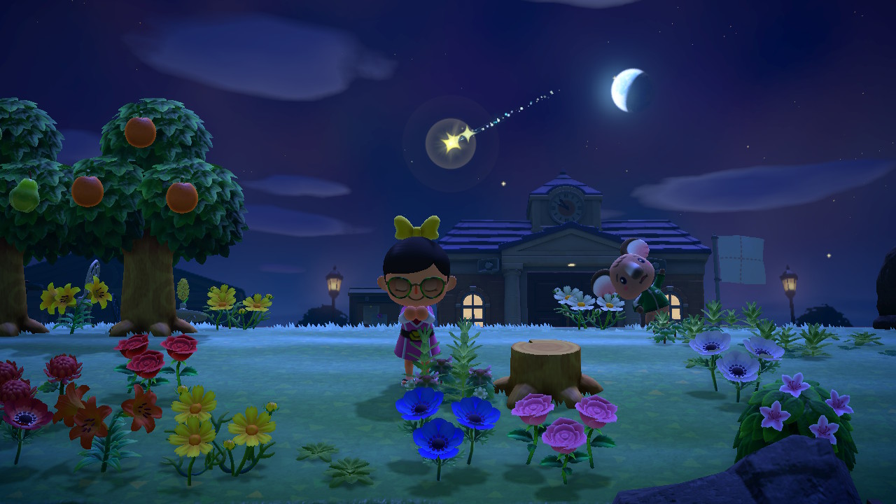 A shooting star passes behind a character in Animal Crossing: New Horizons. (Screenshot: Nintendo/Jay Castello)