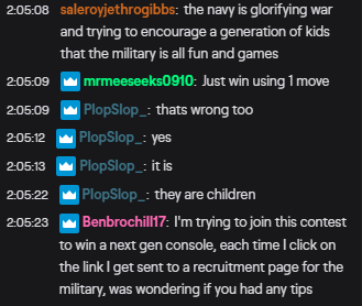 Twitch chat during a recent Navy stream. (Image: Twitch)