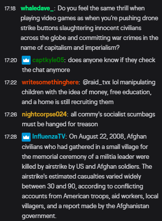 Twitch chat during a recent Army stream. (Image: Twitch)
