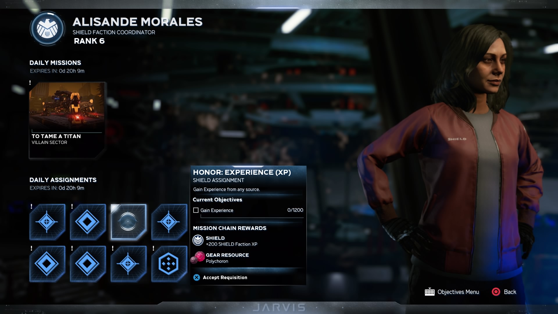 Alisande Morales, the SHIELD faction coordinator, will give you daily assignments. (Screenshot: Square Enix / Kotaku)