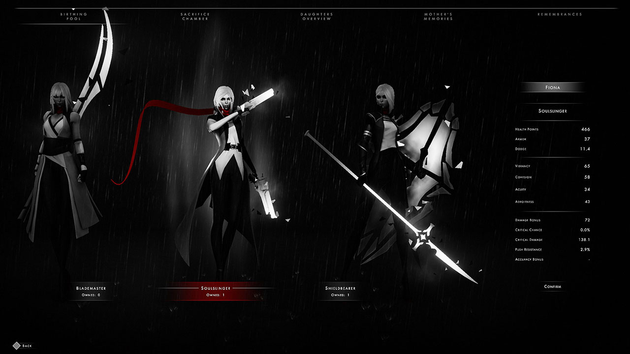 Othercide's colour palette is entirely black-and-white, with a splash of red. (Screenshot: Lightbulb Studio)