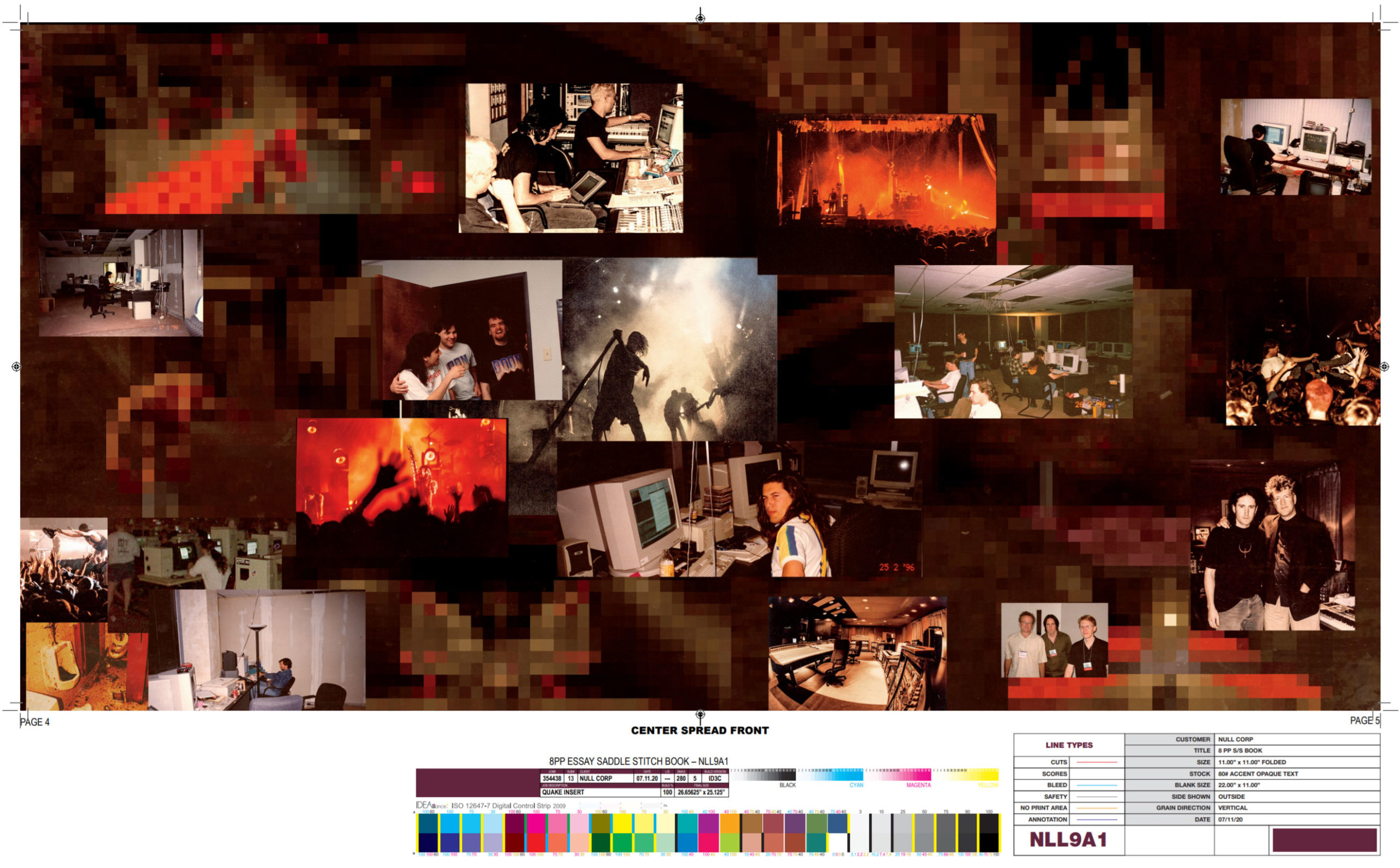 One of the pages of the now-removed booklet, showing a montage of scenes from both Quake's development and the creation of the game's soundtrack. (Image: Shopify)