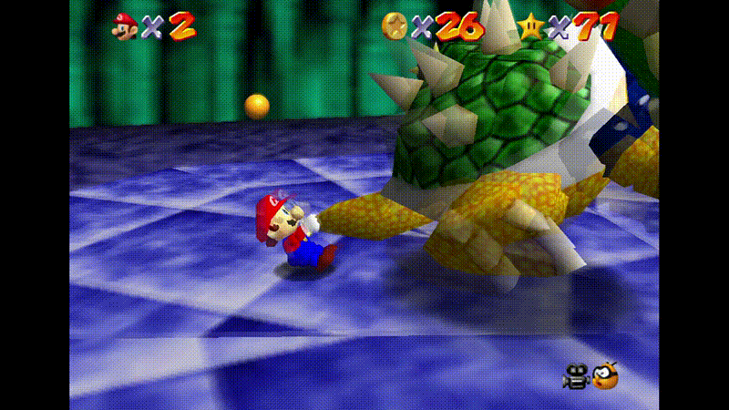 Mario says different things when he throws Bowser depending on what version of Super Mario 64 you're playing. (Gif: Nintendo / Kotaku)