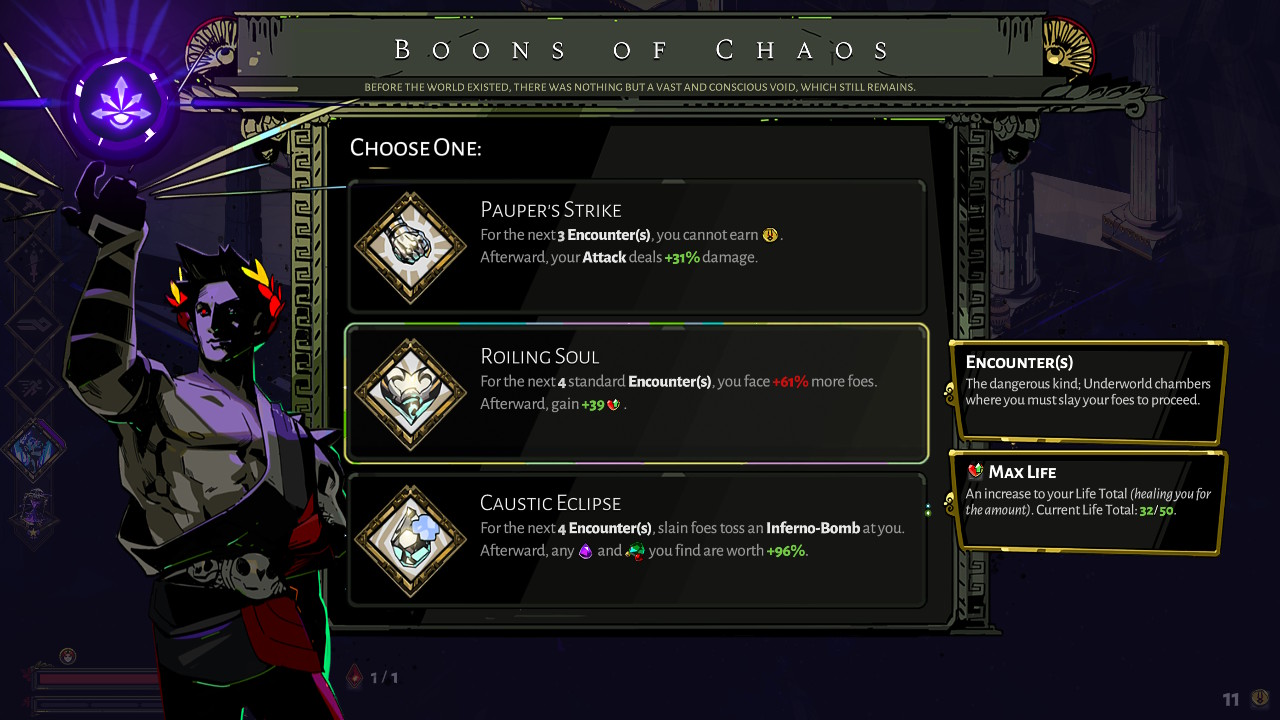Here's a sampling of Chaos' offerings. (Screenshot: Supergiant / Kotaku)