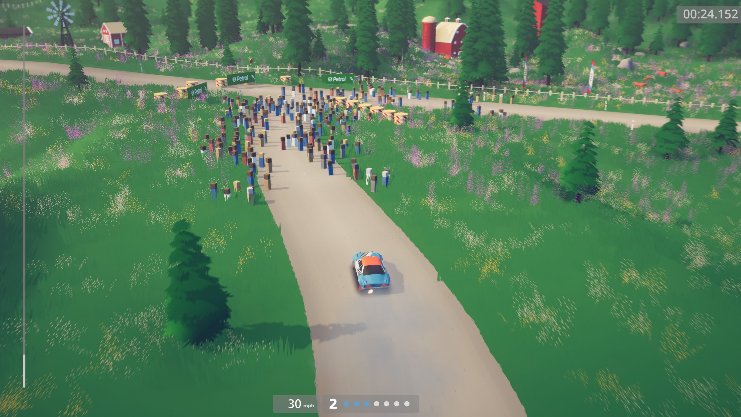 The game has a very cool system where crowds litter the road, just like the good old days, only here you can never hit them; they will scatter automatically as you get near them. (Screenshot: Art of Rally)