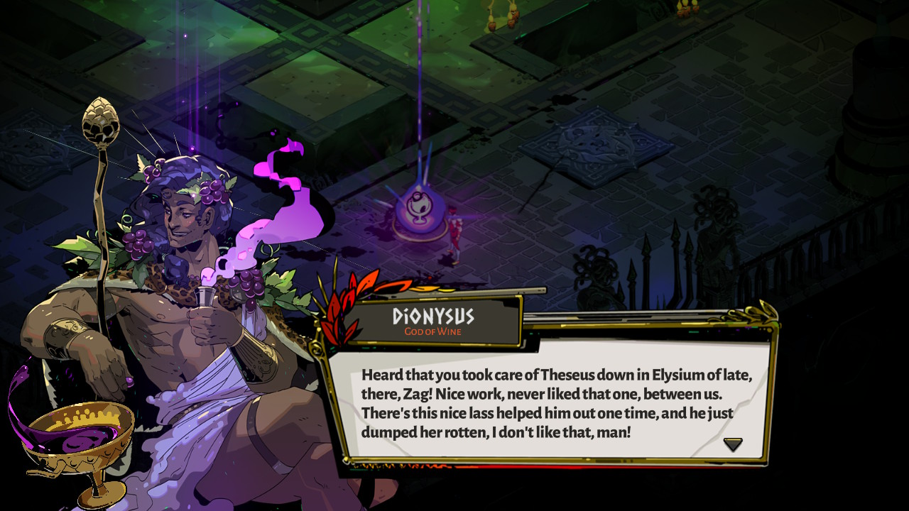 Dionysus also grants the boon of a laid-back attitude, man. (Screenshot: Supergiant / Kotaku)