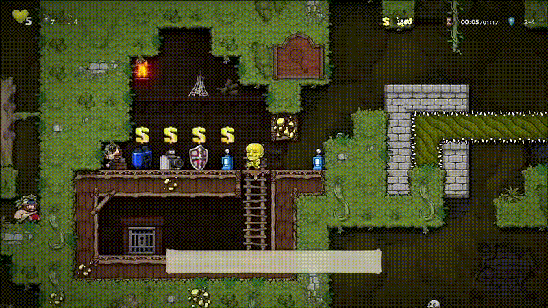 There's no time for actually buying stuff in Spelunky 2 speedruns. (Gif: Mossmouth / d_tea)
