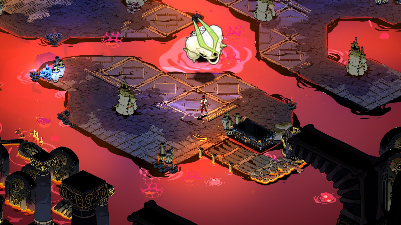 When Lernie's in the centre, it's easier to take down. Just watch out for the lava! (Screenshot: Supergiant / Kotaku)