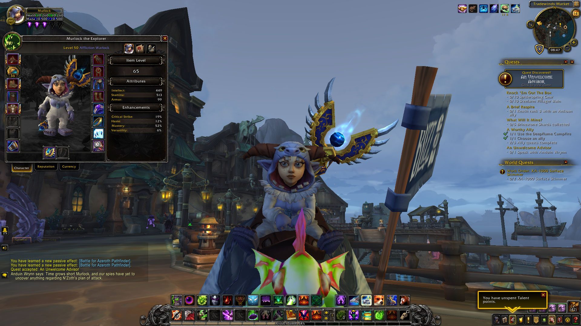 My poor warlock, docked 70 levels for no reason, her talents reset.  (Screenshot: Blizzard / Kotaku)