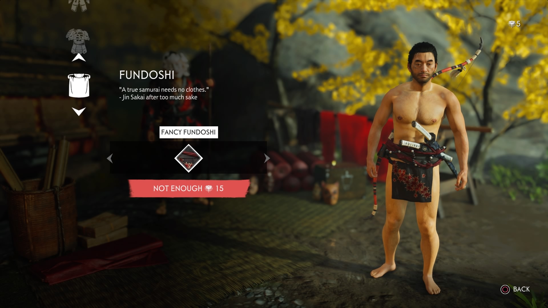The new fundoshi is more luxe than the featureless cream-coloured one from the first playthrough. (Screenshot: Sucker Punch / Kotaku)