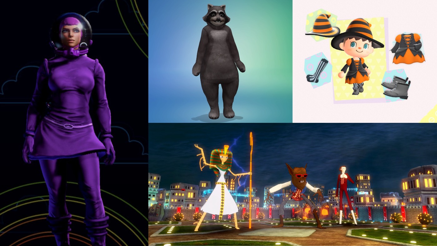 Clockwise from left: Saints Row 4, The Sims 4, Animal Crossing: New Horizons, and Costume Quest 2.  (Image: Volition,Image: Electronic Arts,Image: Nintendo,Image: Double Fine Productions)