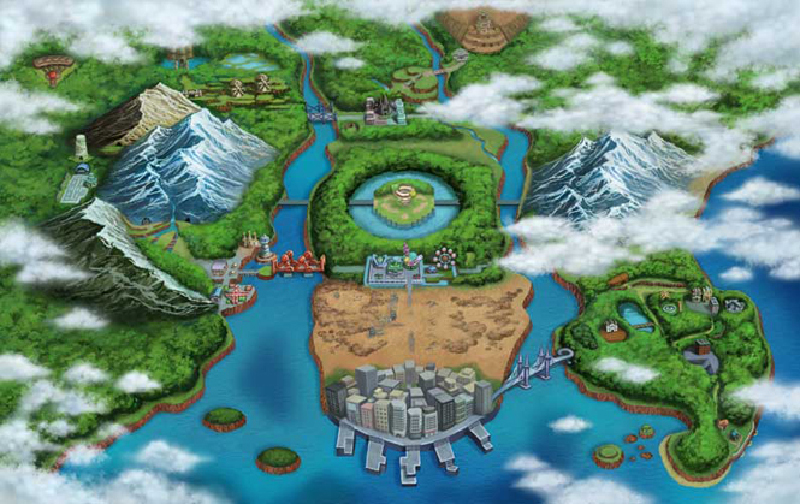 The Unova region, as seen in promotional art for Pokémon Black and White. (Illustration: Nintendo / MobyGames)