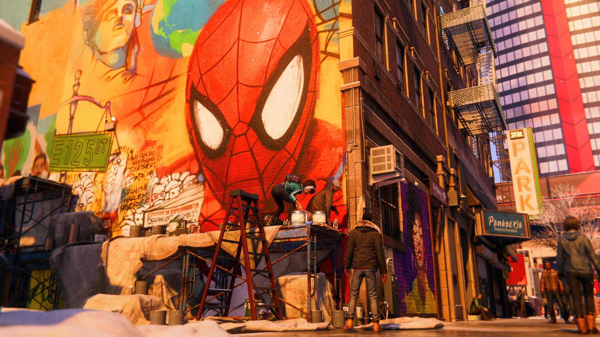 This version of Miles isn't into graffiti, but he supports the art form.  (Screenshot: Sony / Marvel / Kotaku)