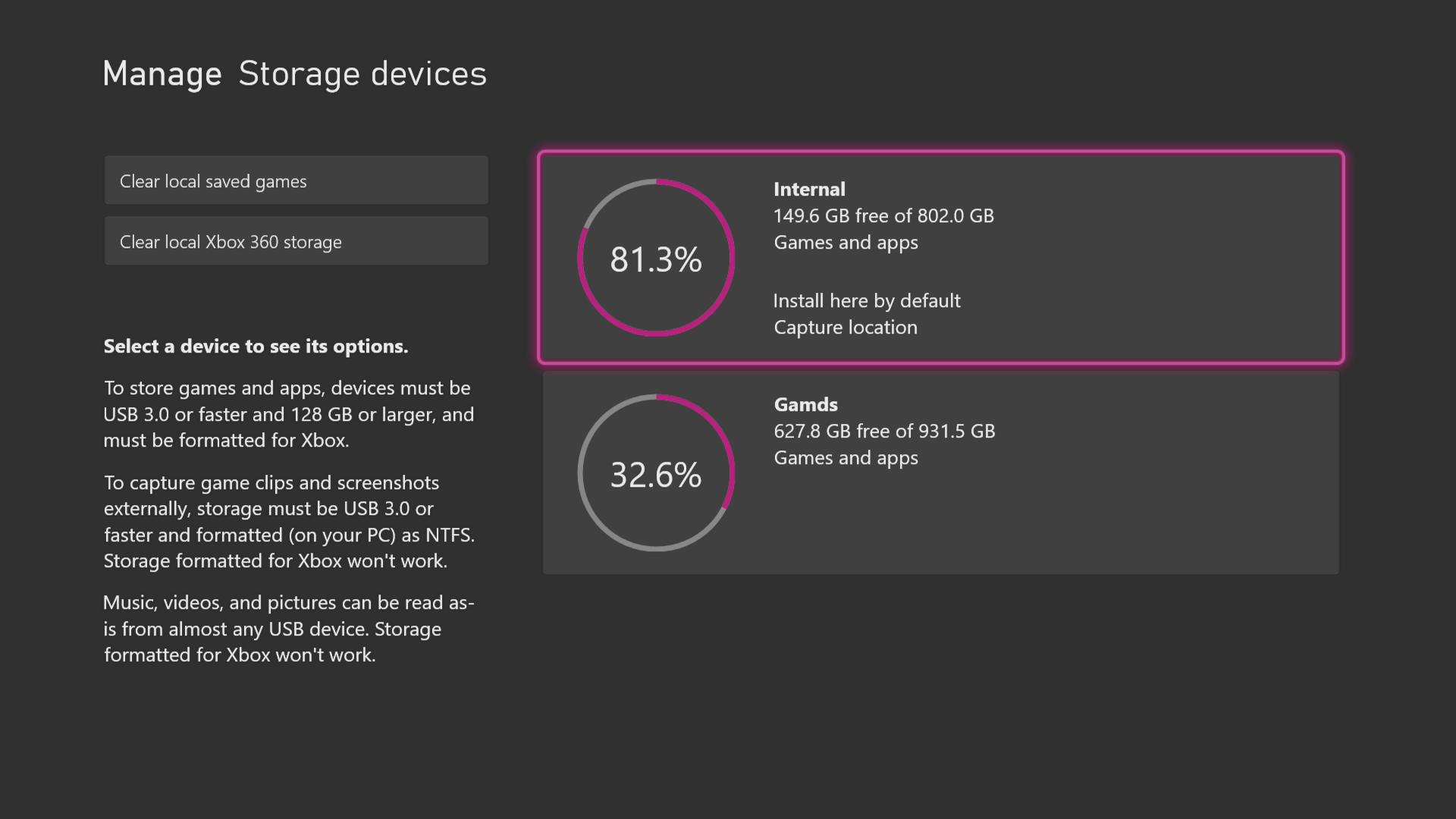 The console will also show you how much of each storage space you've eaten up. (Screenshot: Microsoft / Kotaku)
