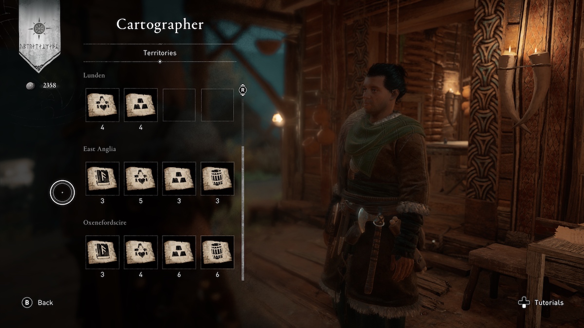 Just by looking at these offerings, you'll learn that you have five pieces of gear to scoop up in East Anglia. (Screenshot: Ubisoft / Kotaku)