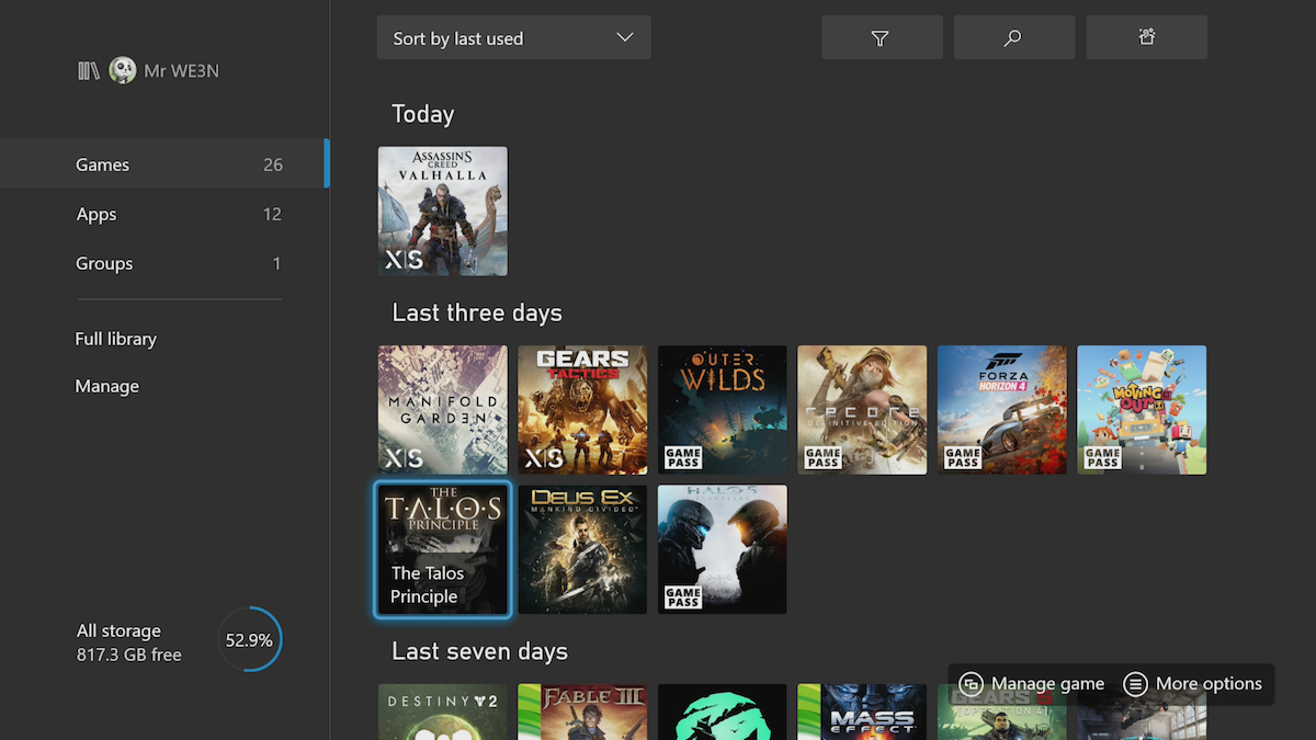 The console already shows which games are optimised and which are from Game Pass. It's not tough to imagine a Quick Resume icon. (Screenshot: Microsoft / Kotaku)