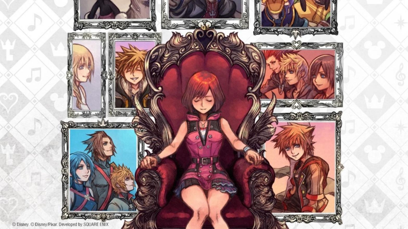 Kairi on her throne with icons of all the Kingdom Hearts saints behind her. (Image: Square Enix)