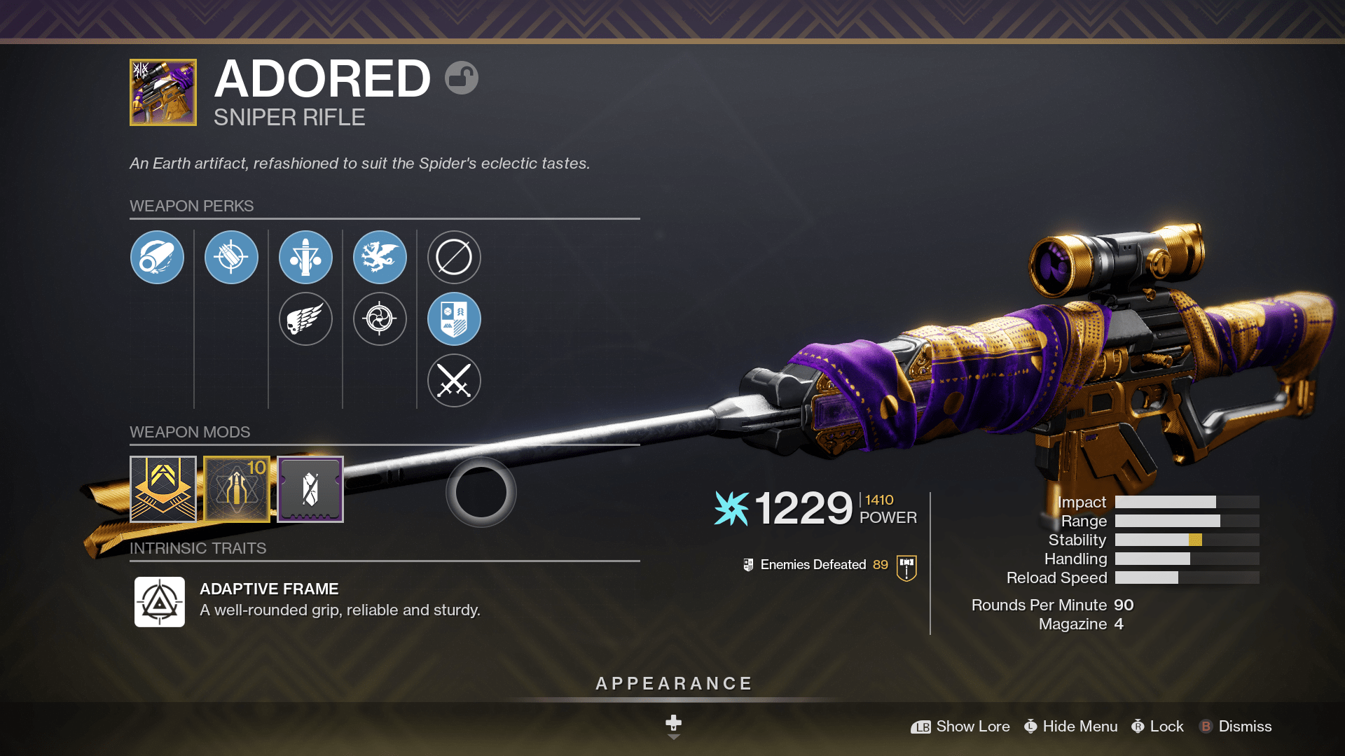 Adored is a great sniper rifle but it comes at a high cost I sort of regret paying.  (Screenshot: Bungie / Kotaku )