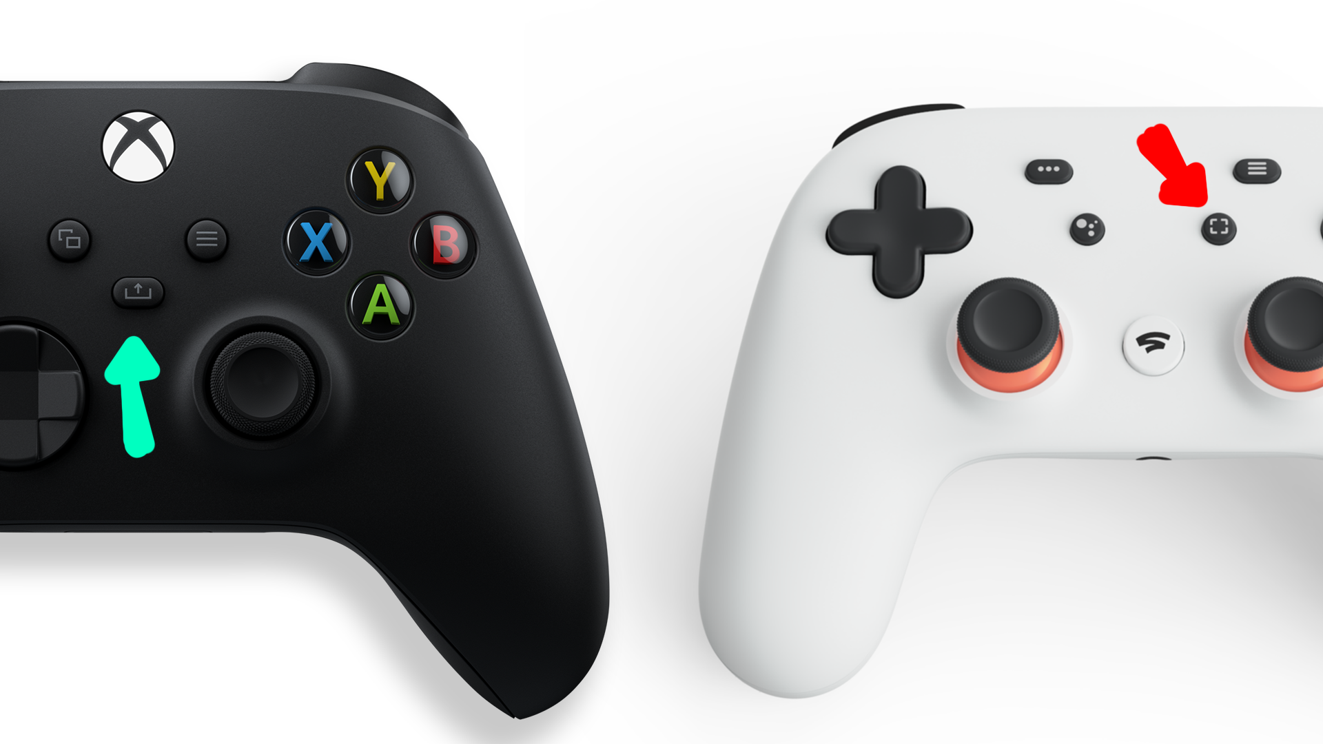 The new Xbox controller (black) and the Google Stadia controller (white) both have share buttons.  (Image: Sony / Google / Kotaku)