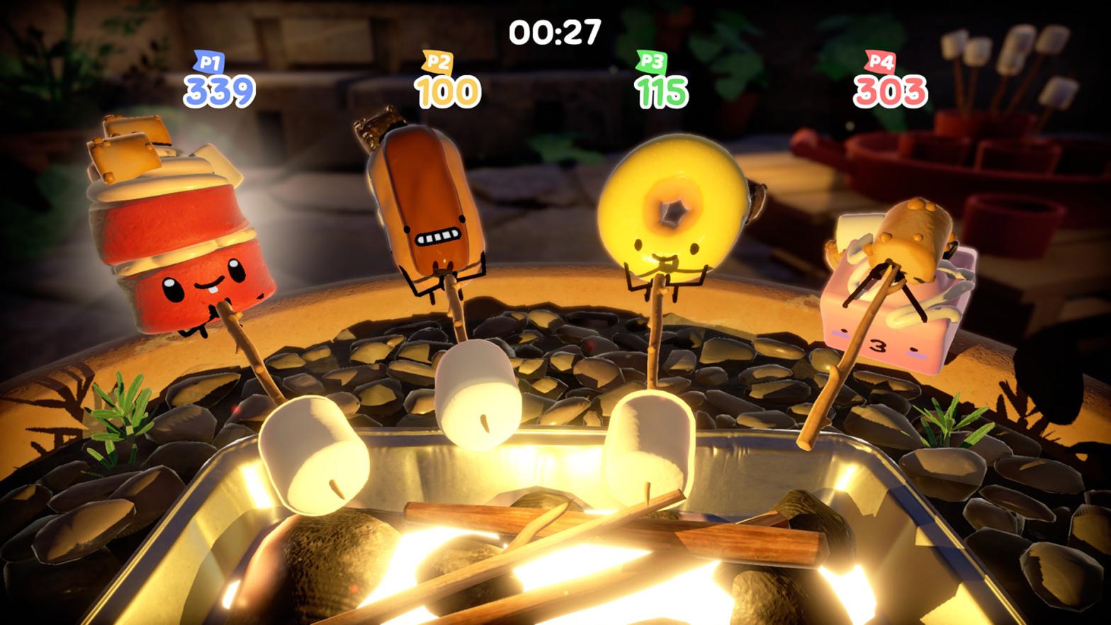Cake Bash's Campfire mini-game, in which you have to toast perfect marshmallows, is sure to stoke any appetite. (Screenshot: High Tea Frog)
