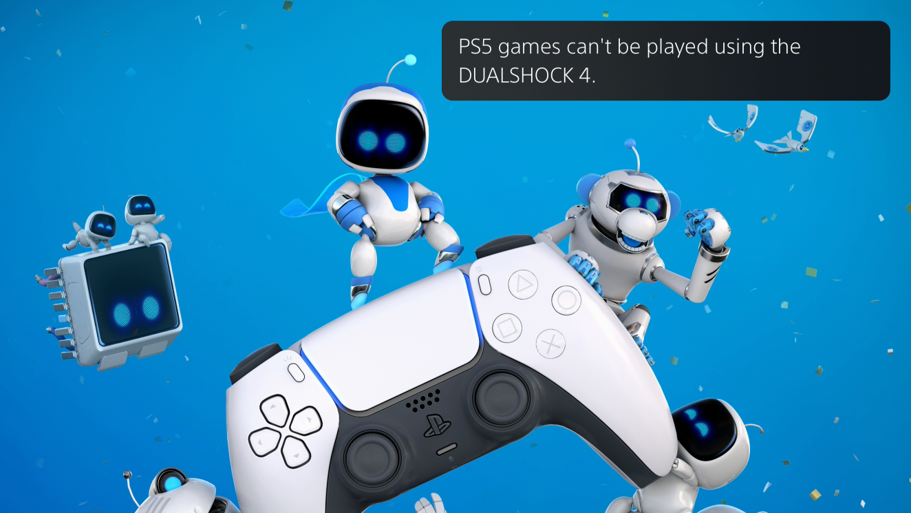 Trying to load a PS5 game, like Astro's Playroom, with a DualShock 4 will result in this error message. (Note: This is zoomed in a bit.) (Screenshot: Sony / Kotaku)