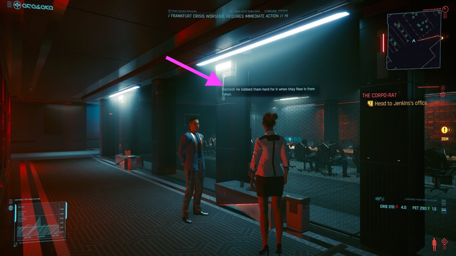 An example of background chatter, as seen in the early moments of Cyberpunk 2077's Corpo storyline. (Screenshot: CD Projekt Red / kotaku)