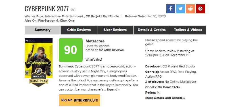 Screenshot: Metacritic