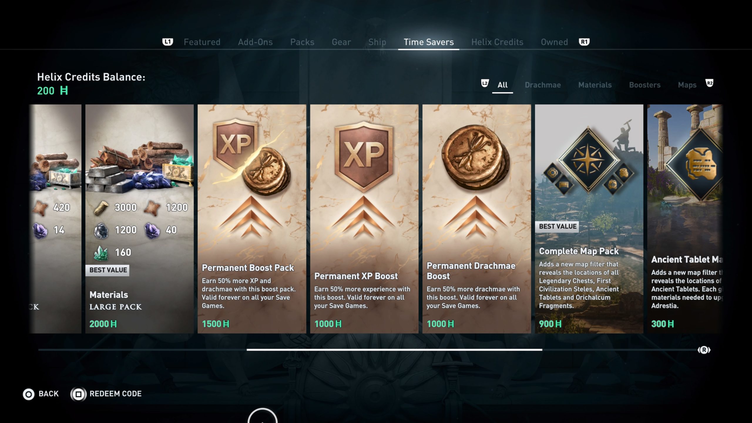 The XP and money boosters from 2018's Assassin' Creed Odyssey (Screenshot: Ubisoft / Kotaku)