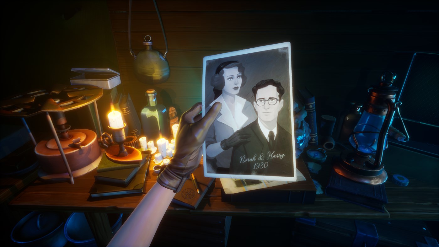 Norah Everhart, the main character, holding a photo of herself and her husband Harry. (Screenshot: Out of the Blue)