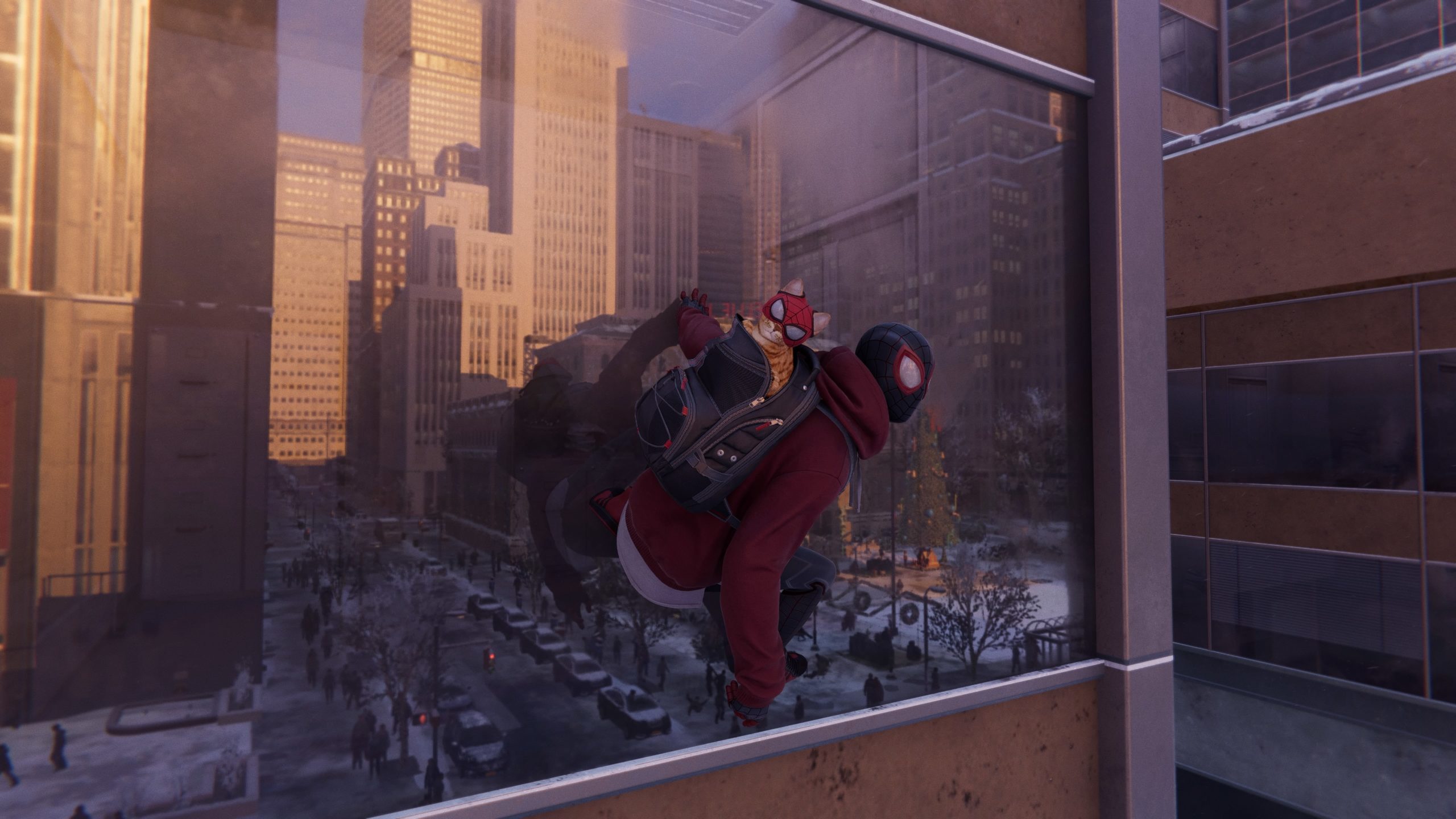 We'll take any excuse to feature the cat suit from Spider-Man: Miles Morales. Those reflections aren't bad, either. (Screenshot: Insomniac / Kotaku)