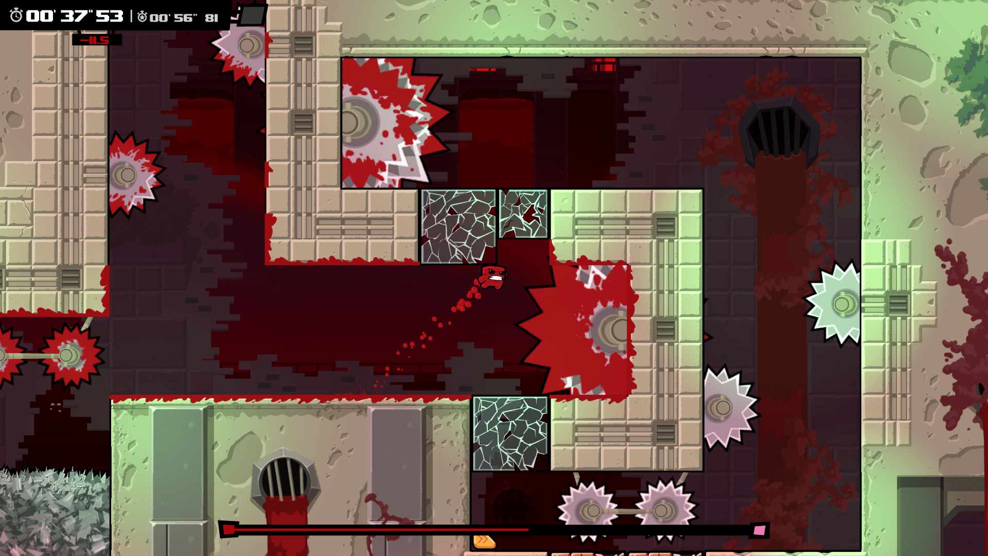 Unlike the original Super Meat Boy, the sequel is an auto-runner levels are procedurally generated, leading to sequences of hazards and enemies that don't always flow together.  (Screenshot: Team Meat)
