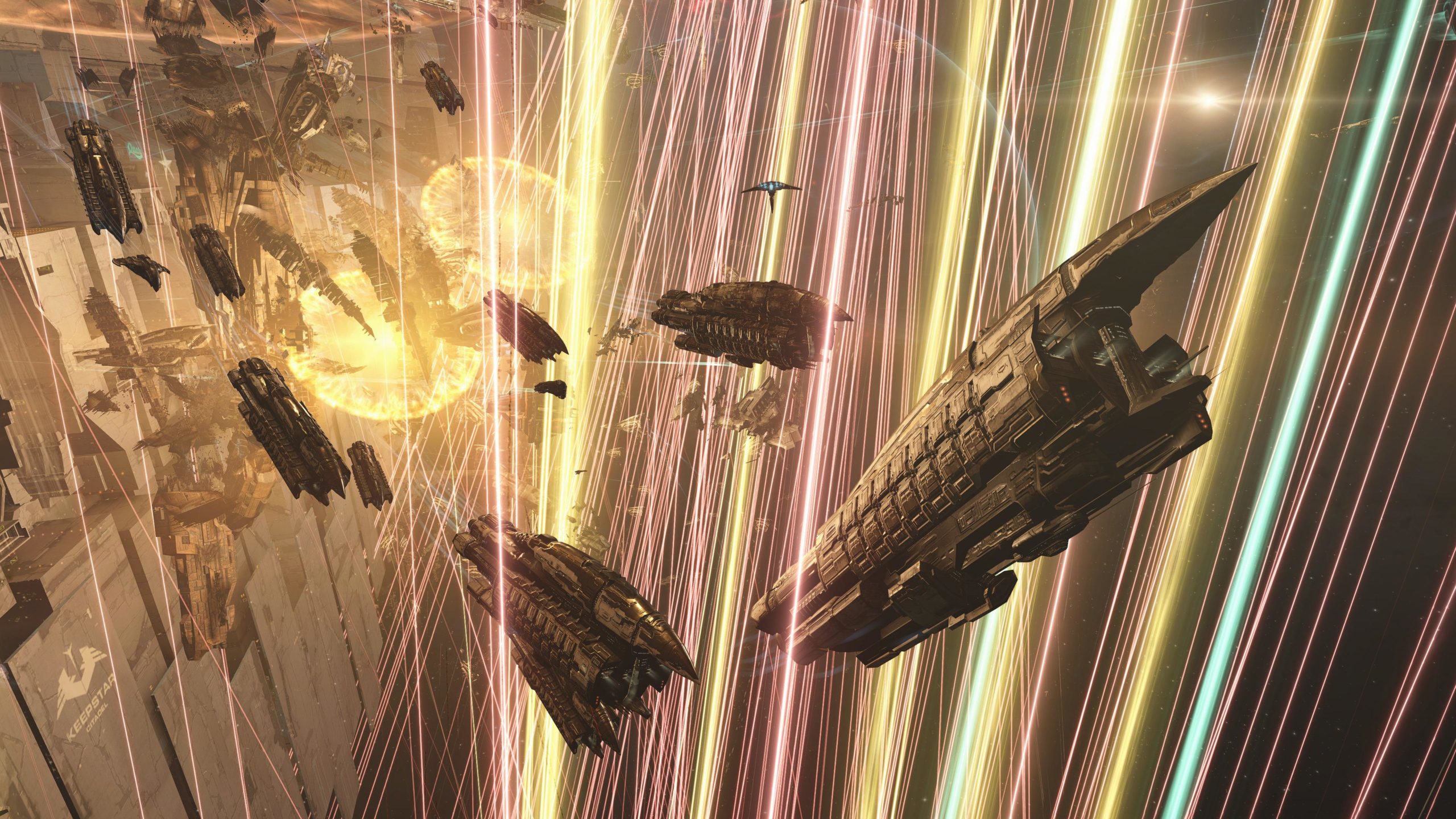 Smaller vessels near the Keepstar while Doomsday blasts from both sides streak past them. Screenshot used with permission by Walter Islands. (Screenshot: Walter Islands)