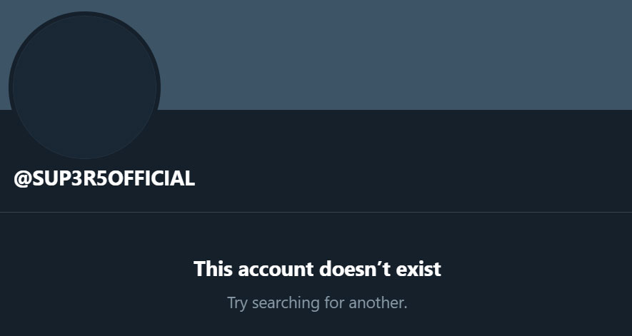 While SUP3R5's website remains up, its twitter account has been deleted. (Screenshot: Twitter)