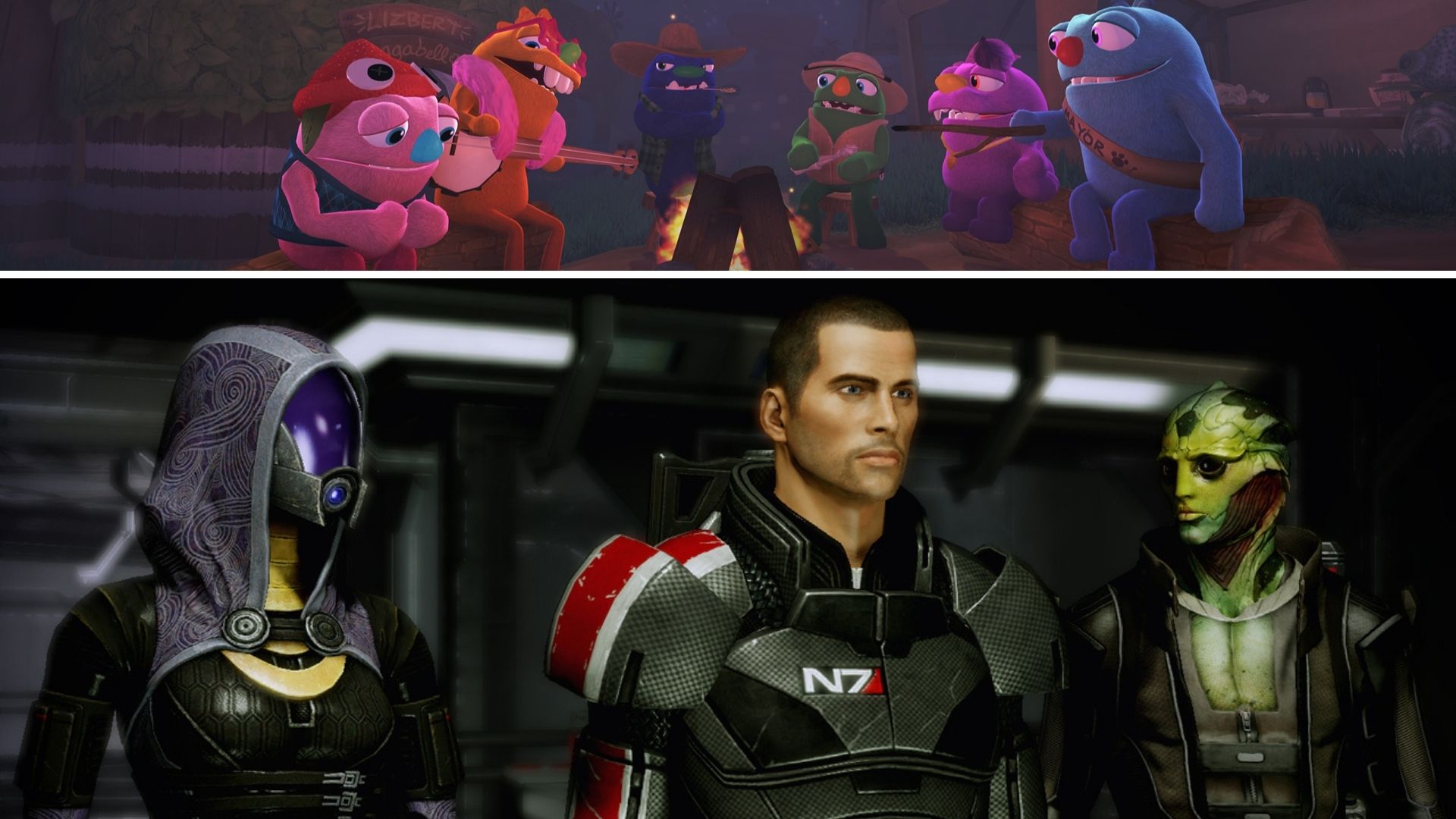 Top picture: a loveable group of emotional support comrades who can die brutally based on your actions. Bottom picture: a loveable group of emotional support comrades who can die brutally based on your actions. (Screenshot: Young Horses / BioWare / Kotaku)