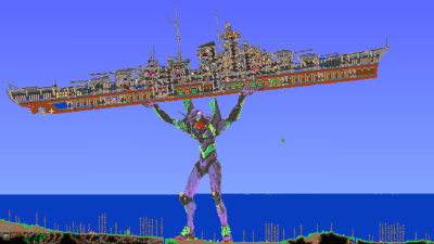 Someone Turned A Terraria Map Into An Evangelion Holding A Warship