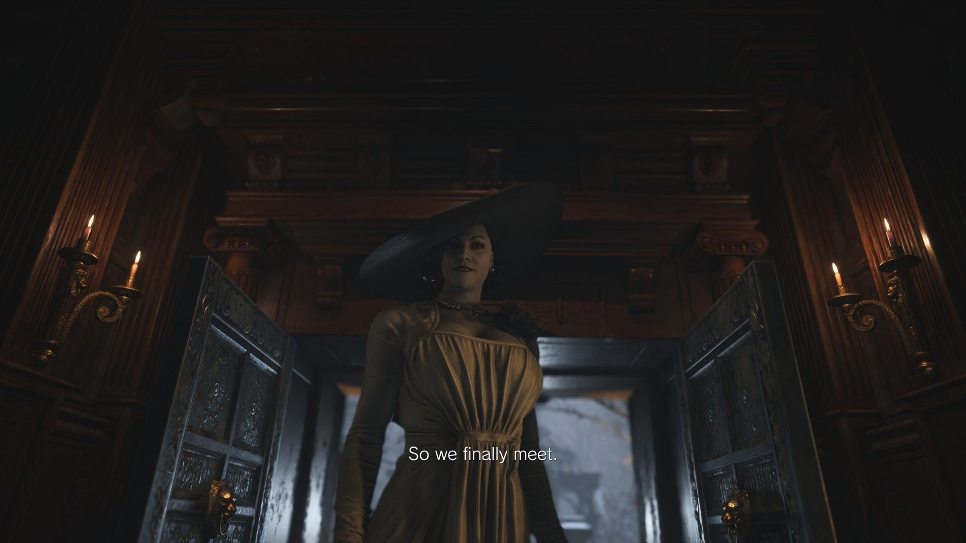It's a bit dark, but you can see her shoulders just touch the top of the door which (according to my research) is 86 inches tall. (Screenshot: Capcom)